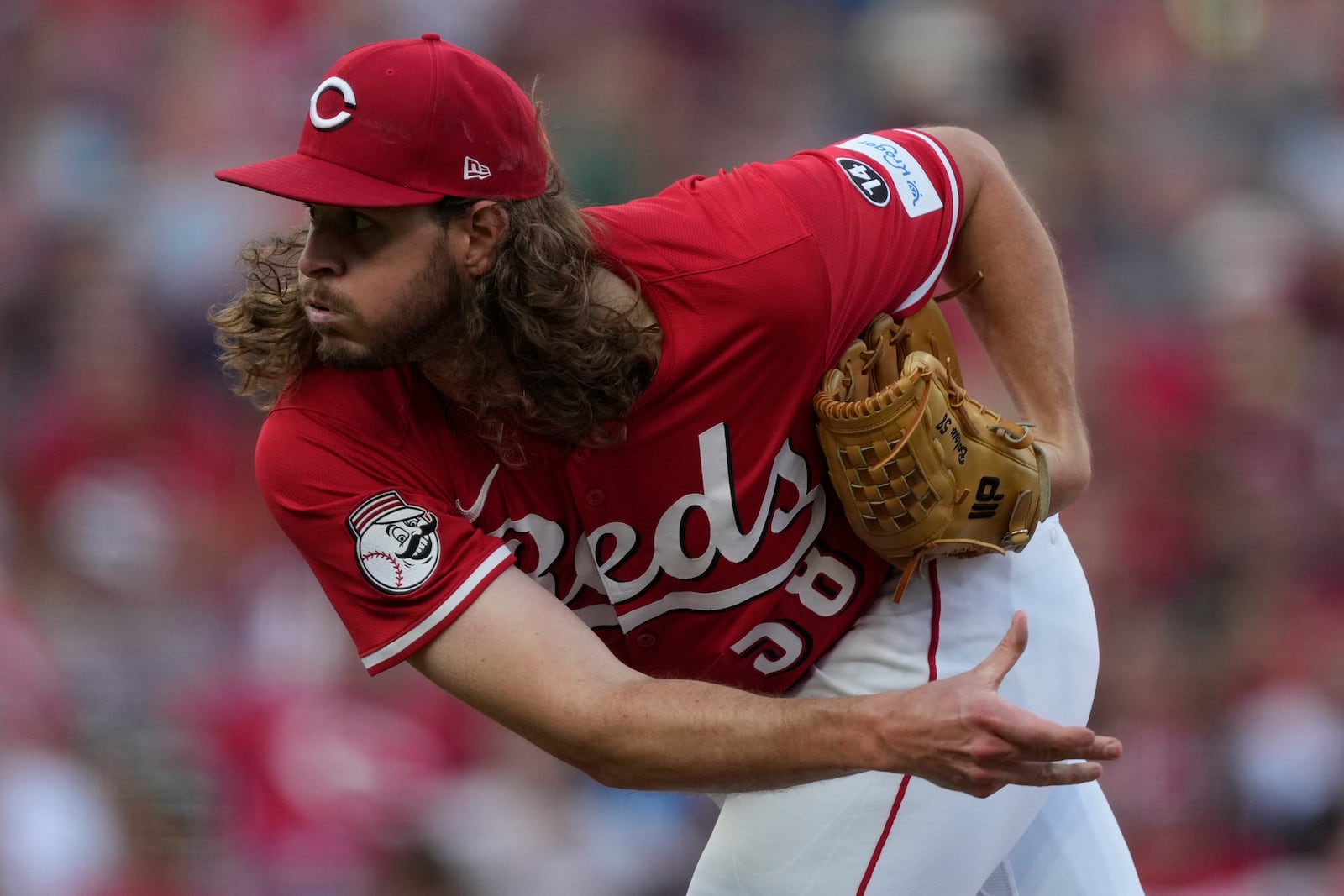 Cincinnati Reds pitcher Scott Barlow during the ninth inning of a baseball game against the Miami Marlins in Cincinnati, Thursday, July 10, 2025. (AP Photo/Carolyn Kaster)