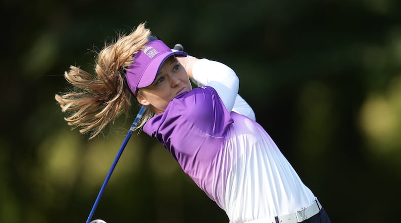 Brooke Henderson of World Team tees off on the fourth hole during the pool B match against Sweden team for the LPGA International Crown golf tournament at the New Korea Country Club in Goyang, South Korea, Saturday, Oct. 25, 2025. (AP Photo/Lee Jin-man)