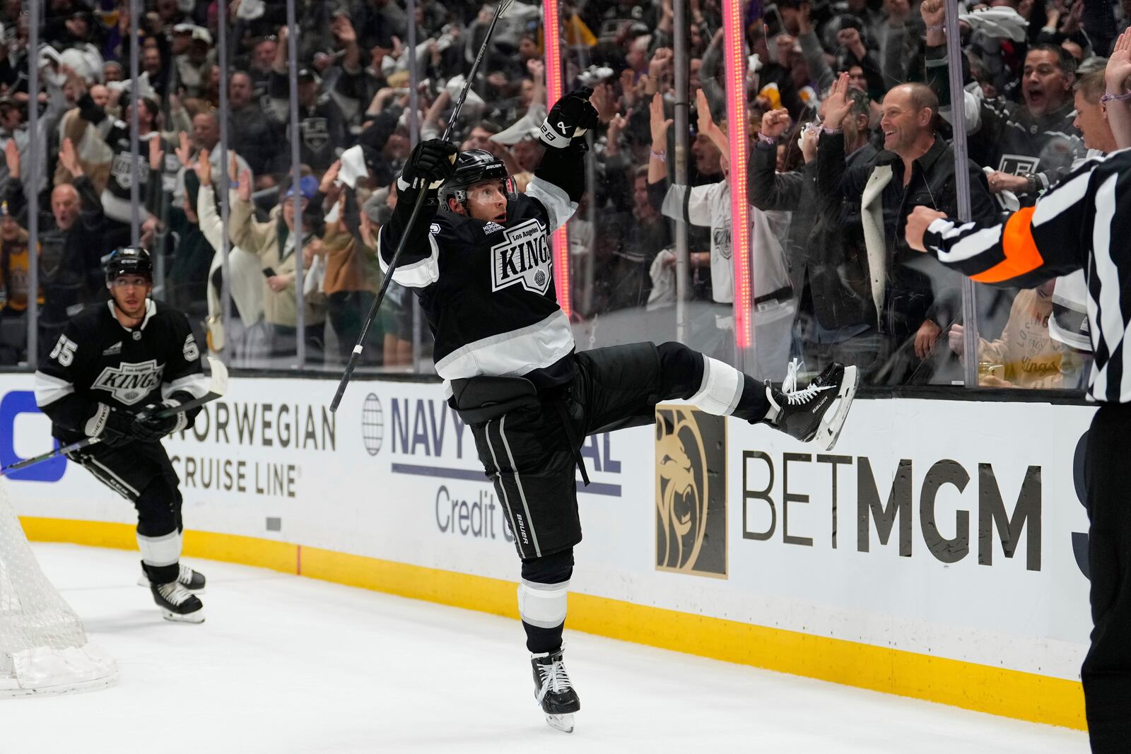 Los Angeles Kings left wing Andrei Kuzmenko celebrates his goal during the second period in Game 2 of an NHL hockey first-round playoff series against the Edmonton Oilers, Wednesday, April 23, 2025, in Los Angeles. (AP Photo/Mark J. Terrill)
