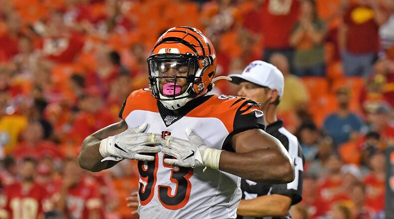 KANSAS CITY, MO - AUGUST 10: Andrew Brown #93 of the Cincinnati Bengals reacts after a quarterback sack in the third quarter against the Kansas City Chiefs during a preseason game at Arrowhead Stadium on August 10, 2019 in Kansas City, Missouri. (Photo by Peter Aiken/Getty Images)