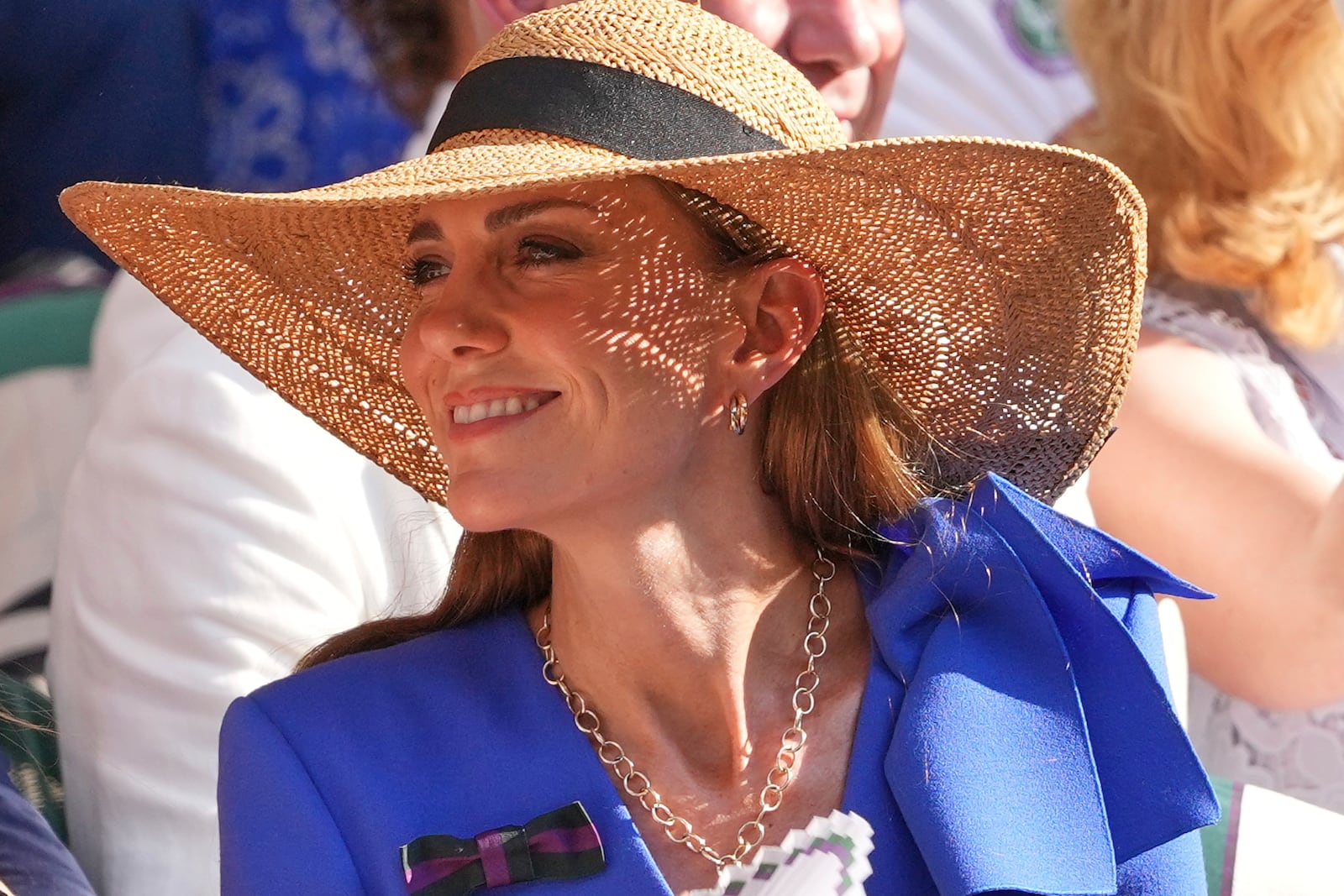 Britain's Kate, Princess of Wales, watches Jannik Sinner of Italy and Carlos Alcaraz of Spain during their men's singles final match at the Wimbledon Tennis Championships in London, Sunday, July 13, 2025.(AP Photo/Kirsty Wigglesworth)