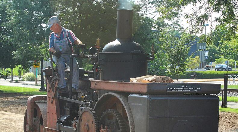 John Yowler operates a 1921 Kelly Springfield Road Roller in the parking lot of The Clark County Heritage Center. JEFF GUERINI/STAFF
