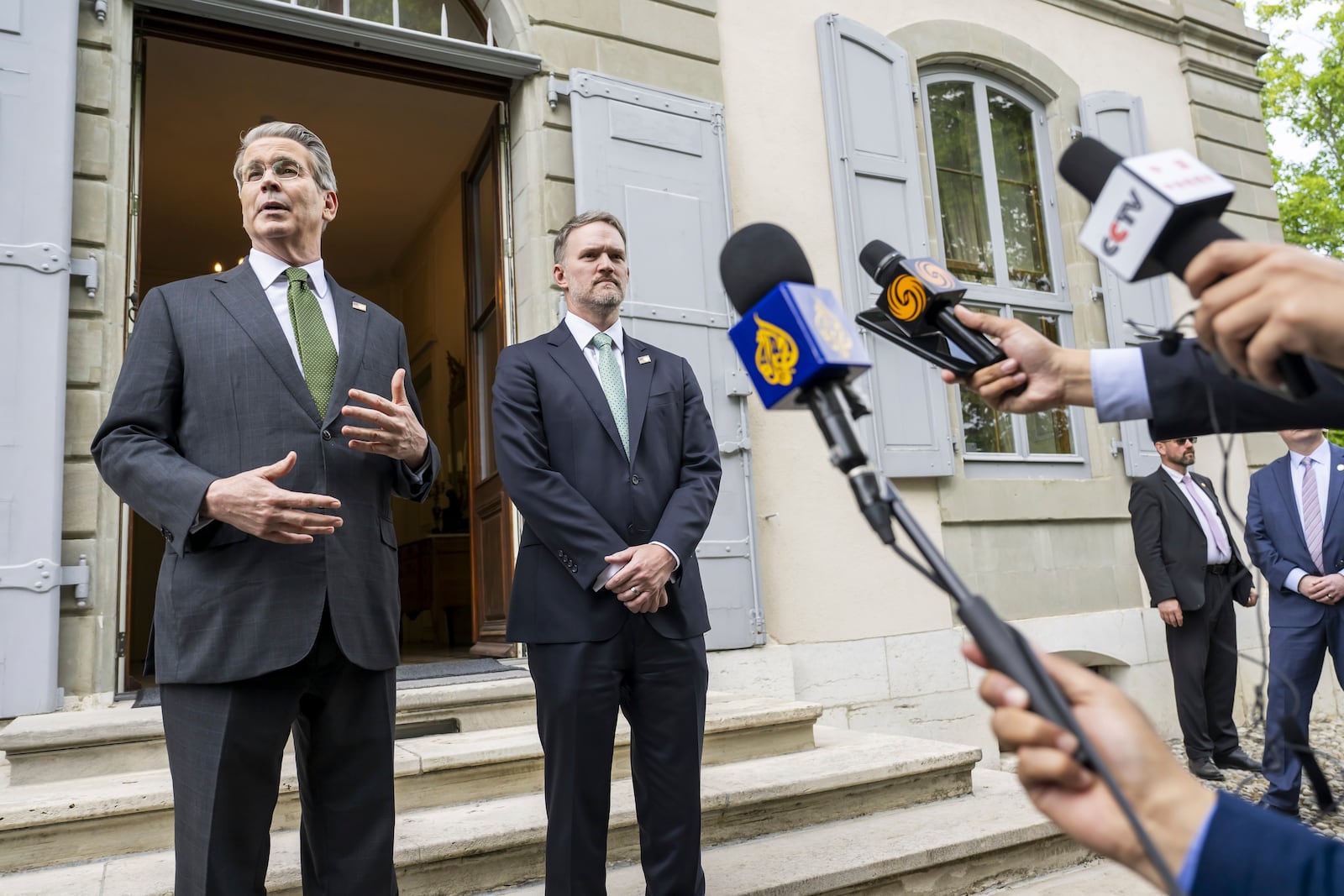 US Secretary of the Treasury Scott Bessent, left, and US Trade Representative Jamieson Greer, left, speak to the press after the second day of a bilateral meeting between the United States and China, in Geneva, Switzerland, Sunday, May11, 2025. (Martial Trezzini/Keystone via AP)