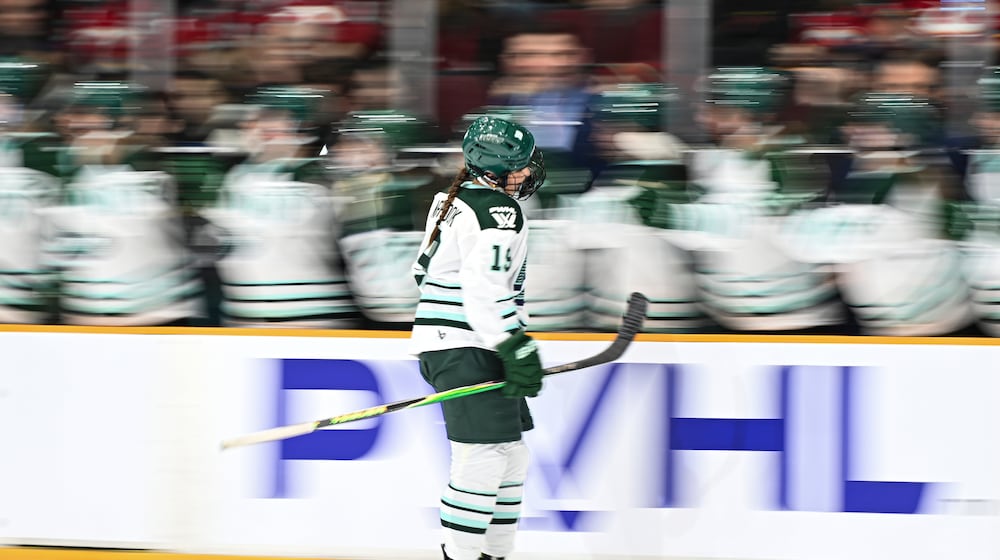Boston Fleet's Abby Newhook (19) celebrates her goal with teammates during the first period of an PWHL hockey game in Ottawa, Saturday, Feb. 28, 2026. (Spencer Colby/The Canadian Press via AP)