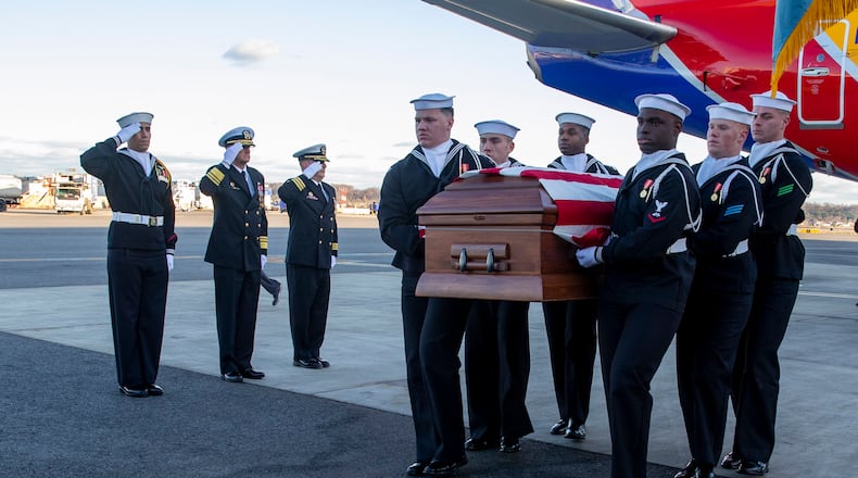 Casket bearers assigned to the U.S. Navy Ceremonial Guard carry the remains of Medal of Honor recipient Seaman 1st Class James Richard Ward, in Arlington, Va., Dec. 19, 2023. Ward was awarded the Medal of Honor, posthumously, in 1942 for his acts of valor during the attack on Pearl Harbor Dec. 7, 1941. U.S. Navy photo