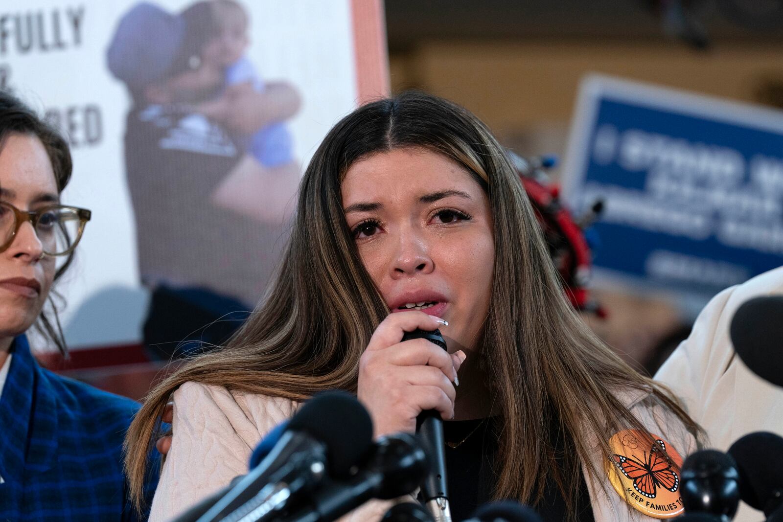 Jennifer Vasquez Sura, the wife of Kilmar Abrego Garcia of Maryland, who was mistakenly deported to El Salvador, speaks during a news conference at CASA's Multicultural Center in Hyattsville, Md., Friday, April 4, 2025. (AP Photo/Jose Luis Magana)
