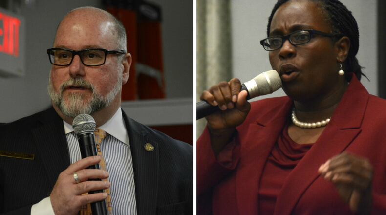 Matthew Guyette, of Greenville, and Vanessa Enoch, of West Chester Twp., are vying to be the Democratic Party’s nominee for the 8th Congressional District in the March 17, 2020, primary. Enoch was the party’s nominee in 2018, losing to incumbent Congressman Warren Davidson, R-Troy. STAFF PHOTOS BY MICHAEL D. PITMAN/FILE