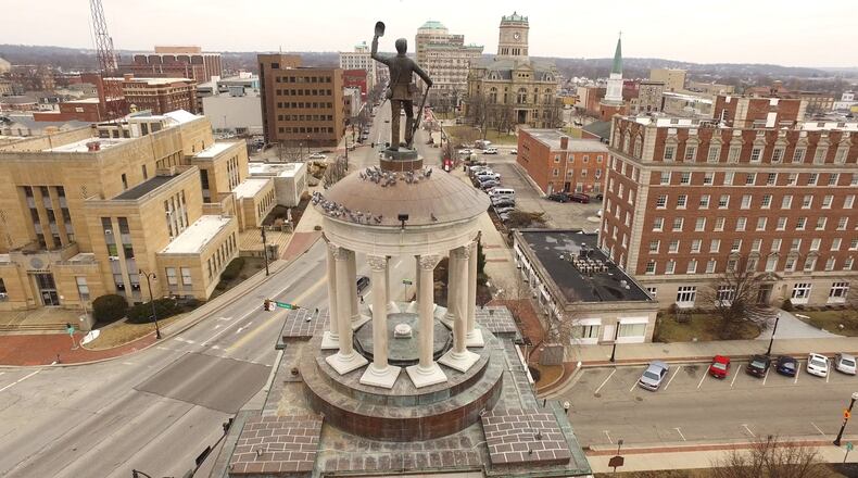 “Victory, Jewel of the Soul,” (also known as Billy Yank)sculpture by Rudolph Thiem stands atop the Soldiers, Sailors and Pioneers Monument at the High Street Bridge in downtown Hamilton. TY GREENLEES / STAFF
