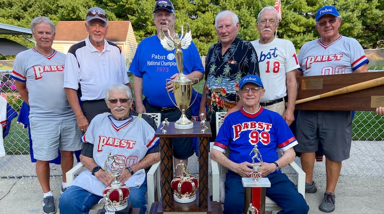 Cutline: Members of the 1973 Pabst-IHC team that won the World Industrial Championship met last month in Springfield to celebrate the 50th anniversary of their title-winning season. Members include (front row) Ron White and Manager Guy Infante and (back row) Rick Wade, Bob Reisinger, Larry "Monk" Garrard, Lou Bowman, Wayne Crew and Larry Spahr. CONTRIBUTED PHOTO