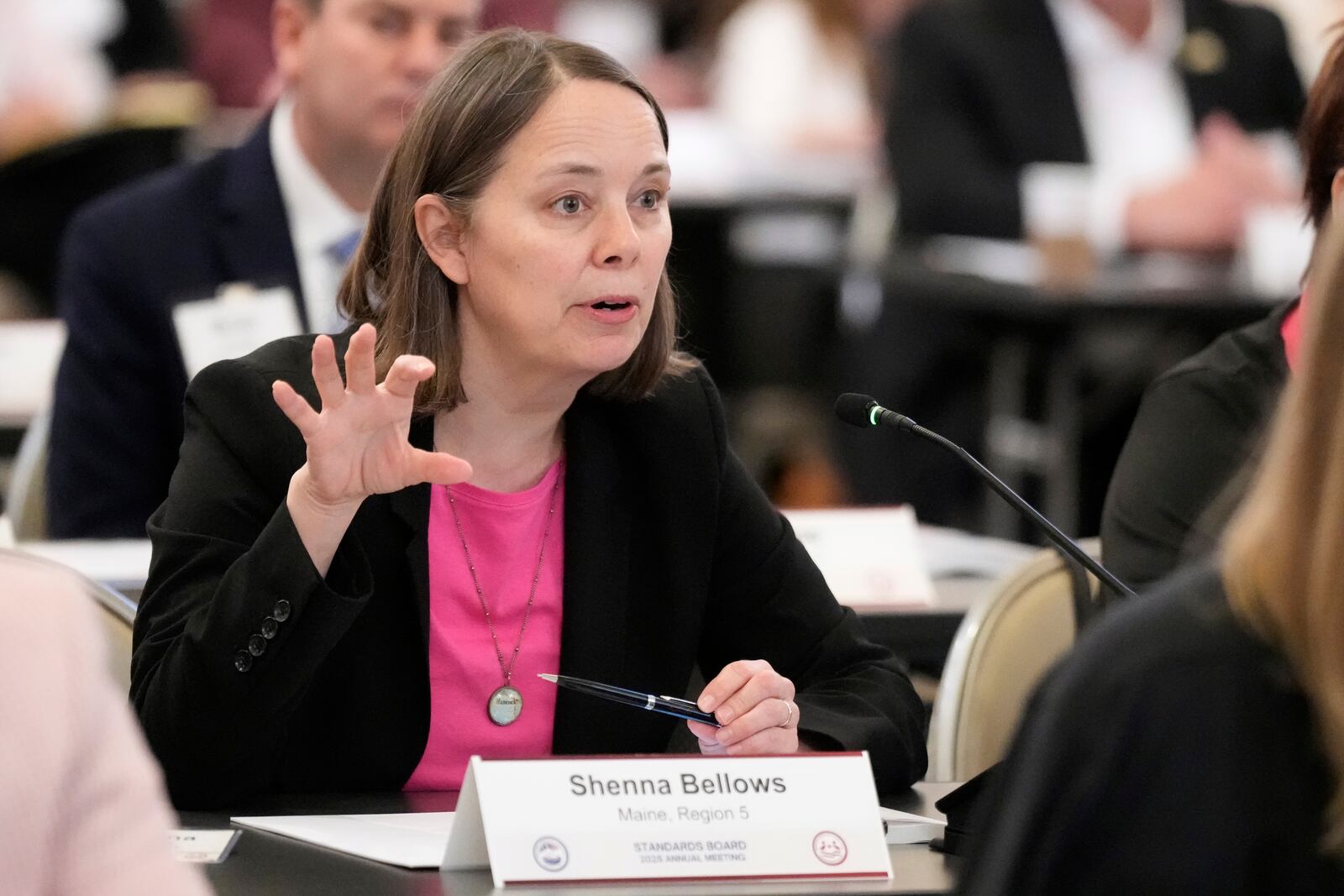 Maine's Secretary of State, Shenna Bellows, speaks at the U.S. Election Assistance Commission Standards Board in-person public meeting, Thursday, April 24, 2025, in Charlotte, N.C. (AP Photo/Chris Carlson)
