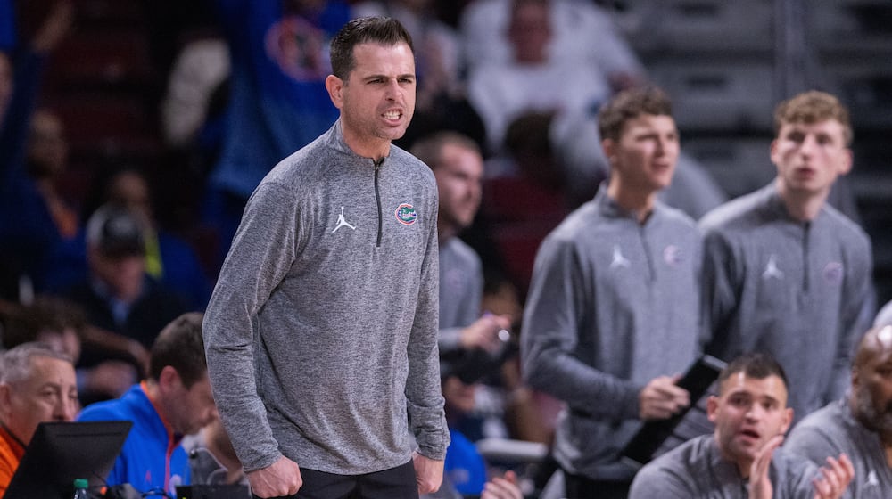 Florida head coach Todd Golden reacts during the first half against South Carolina in an NCAA college basketball game Wednesday, Jan. 28, 2026, in Columbia, S.C. (AP Photo/Scott Kinser)