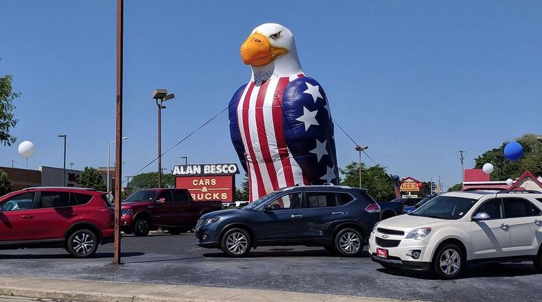 The city of Xenia has denied an exception that would have allowed Alan Besco Car and Truck Superstore, 62 Dayton Ave., to use “Annie the Eagle” for promotions. The 25-foot inflatable exceeds the city’s 12-foot height limit on business signs. CONTRIBUTED