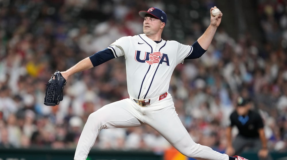 United States starting pitcher Tarik Skubal throws during the first inning of a World Baseball Classic game against Britain, Saturday, March 7, 2026, in Houston. (AP Photo/Ashley Landis)