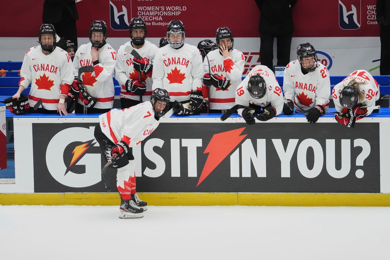 Canada players stand dejected after the gold medal match between Canada and United States at the Women's Ice Hockey Championships in Ceske Budejovice, Czech Republic, Sunday, April 20, 2025. (AP Photo/Petr David Josek)