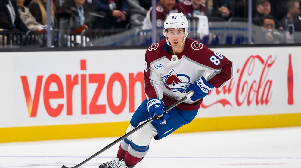 Colorado Avalanche center Martin Necas (88) skates the puck to the net leading to a goal during the third period of an NHL hockey game against the Utah Mammoth, Tuesday, Oct. 21, 2025, in Salt Lake City, Utah. (AP Photo/Tyler Tate)