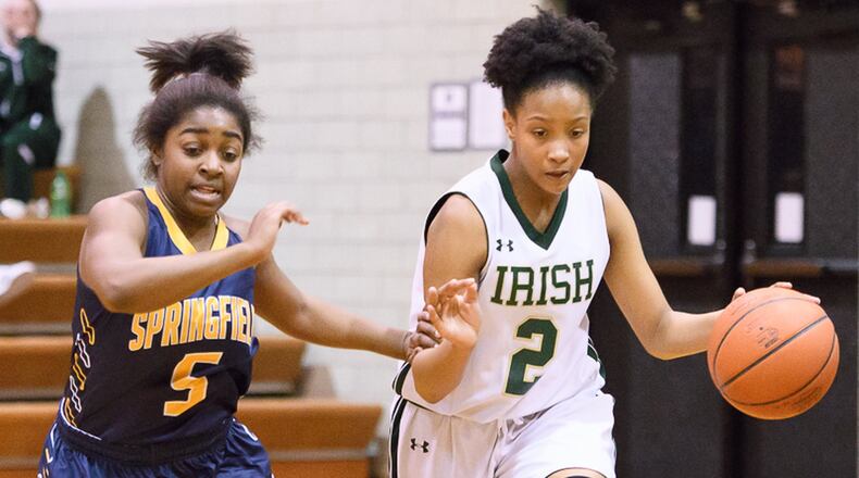 Catholic Central’s Ayanna Doolittle dribbles with pressure from Springfield’s T’erra Eubanks during a nonconference game on Monday night at Jason Collier Gymnasium. Bryant Billing/Contributed