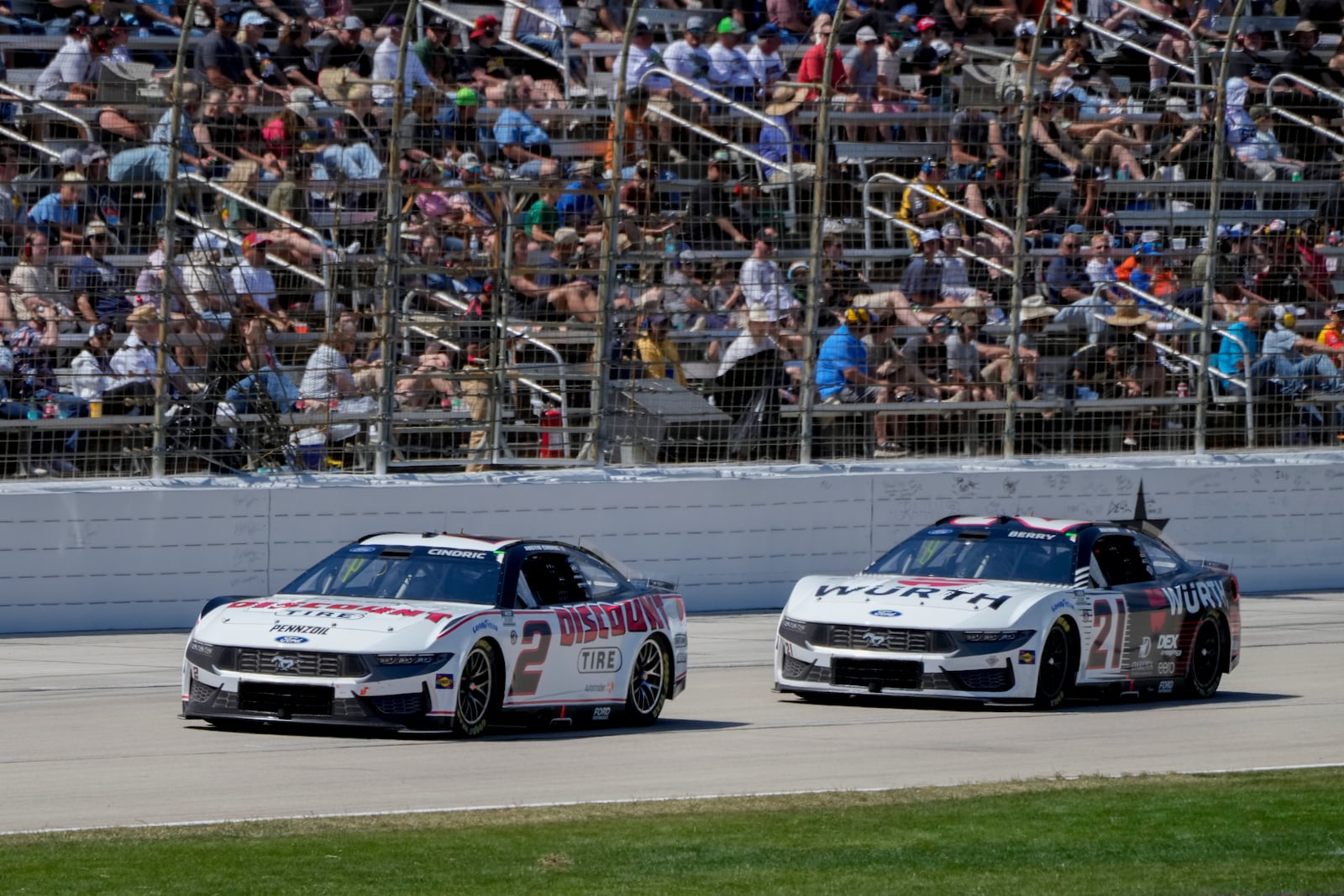 Austin Cindric (2) leads the field during a NASCAR Cup Series auto race at Texas Motor Speedway in Fort Worth, Texas, Sunday, May 4, 2025. (AP Photo/Larry Papke)