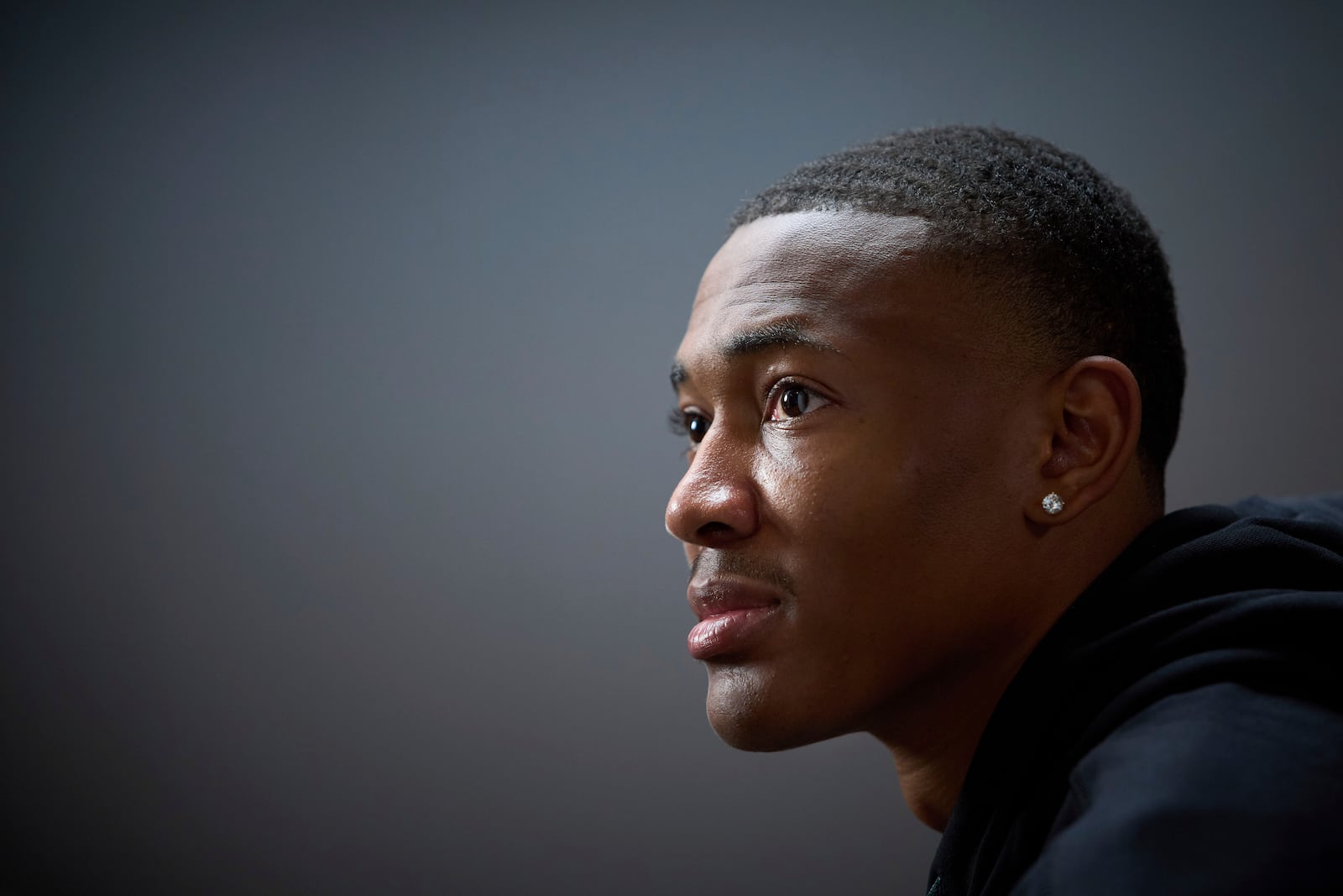 Philadelphia Eagles DeVonta Smith poses for a photo ahead of an interview with the Associated Press in Barcelona, Spain, Monday, May 12, 2025. (AP Photo/Emilio Morenatti)
