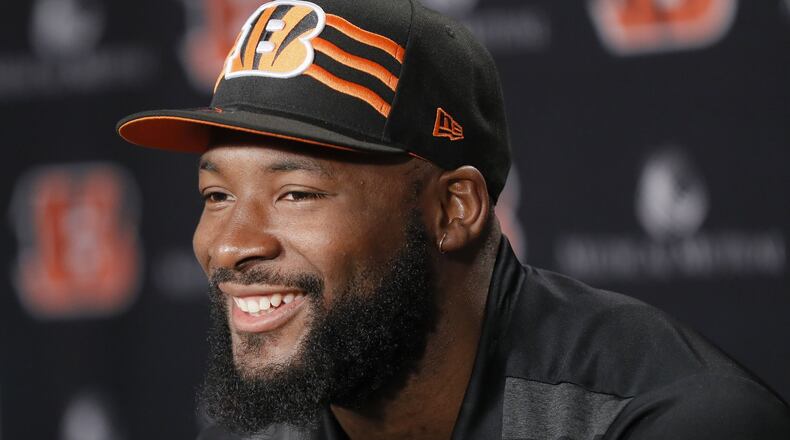 Cincinnati Bengals football third round NFL draft pick Germaine Pratt speaks during a news conference at Paul Brown Stadium, Saturday, April 27, 2019, in Cincinnati. (AP Photo/John Minchillo)