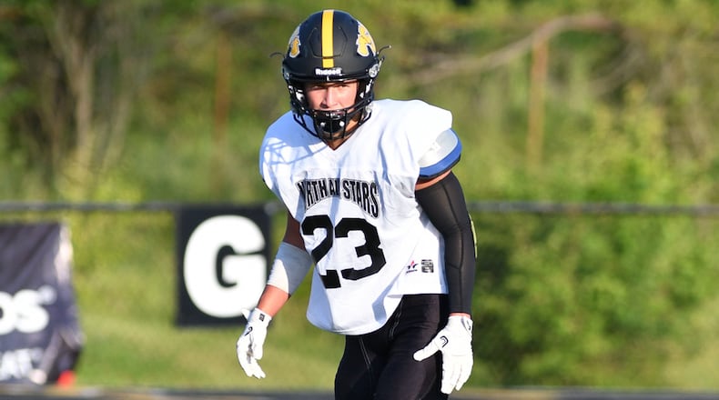 Shawnee’s Josh Nelson watches a snap during the uring the Miami Valley Football Coaches Association’s all-star game on Friday night at Centerville Stadium. BRYANT BILLING / CONTRIBUTED