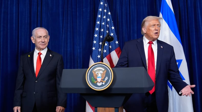 FILE - President Donald Trump answers a question from a reporter at the end of a news conference with Israel's Prime Minister Benjamin Netanyahu at Mar-a-Lago, Dec. 29, 2025, in Palm Beach, Fla. (AP Photo/Alex Brandon, file)