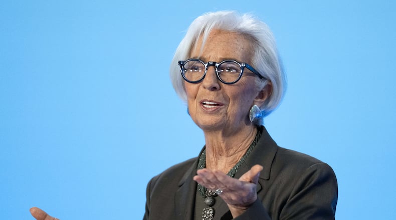 President of the European Central Bank (ECB) Christine Lagarde speaks at the press conference after the Governing Council meeting of the ECB, in Frankfurt, Germany, Thursday Feb. 5, 2026. (Florian Wiegand/dpa via AP)