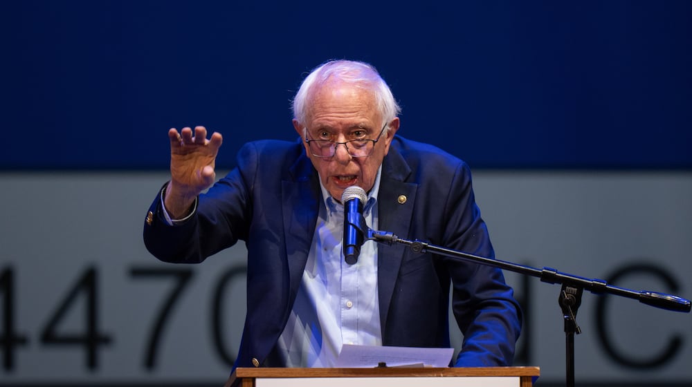 Sen. Bernie Sanders, I-Vt., speaks at a campaign event for a proposed "billionaires tax," in Los Angeles, Wednesday, Feb. 18, 2026. (AP Photo/Jae C. Hong)
