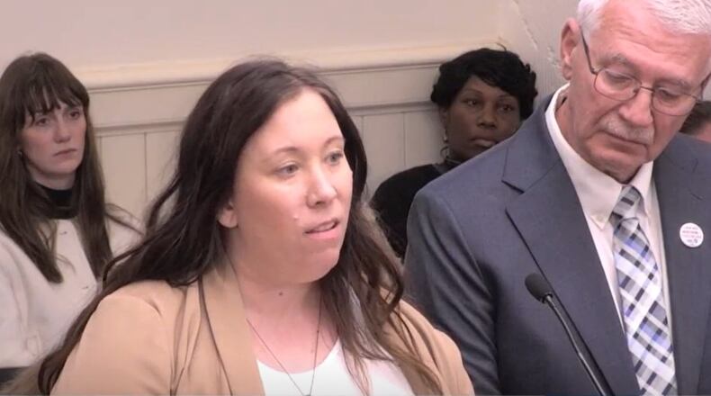 The family of Tristin Kate Smith, a Dayton nurse who died by suicide in August 2023, testified before the Ohio House Health Provider Services Committee on Nov. 19, 2024. Sarah Smith, Tristin's sister, and Ron Smith, Tristin's father, urged lawmakers to support a bill that would mandate the maximum number of patients a nurse could be responsible for in a hospital, depending on the setting or department. COURTESY OF THE OHIO CHANNEL