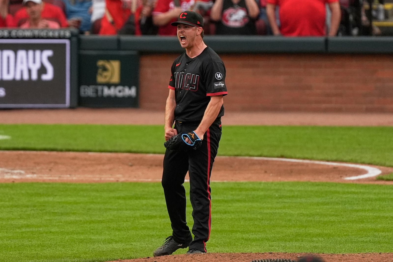 Cincinnati Reds pitcher Emilio Pagán reacts after striking out Cleveland Guardians' Gabriel Arias during the ninth inning to win a baseball game, Friday, May 16, 2025, in Cincinnati. (AP Photo/Carolyn Kaster)