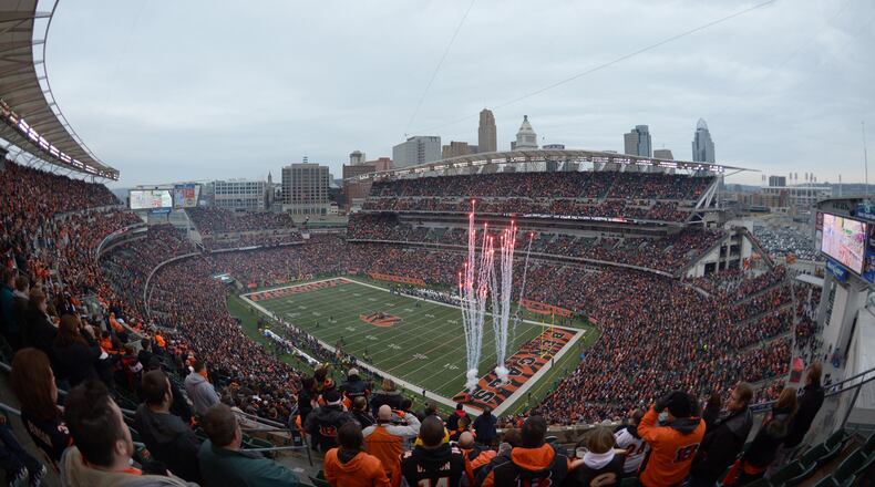General view of Paul Brown Stadium and downtown Cincinnati skyline during the opening kickoff the 2013 AFC wild card playoff football game between the San Diego Chargers and the Cincinnati Bengals.