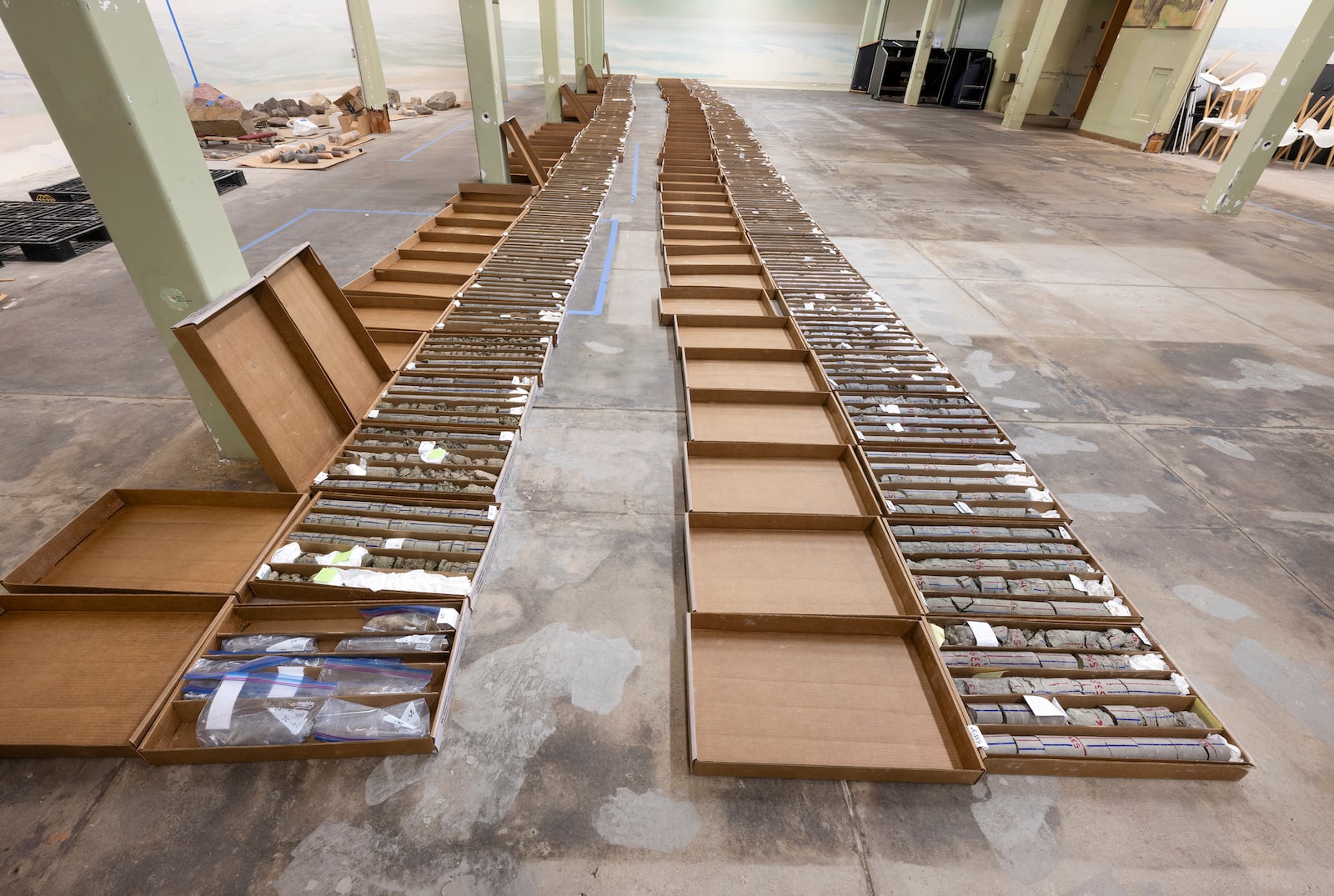 This undated photograph provided by the Denver Museum of Nature and Science shows boxes of cores from the City Park core drilling in the parking lot at Denver Museum of Nature and Science. (Richard M Wicker/Denver Museum of Nature and Science via AP)