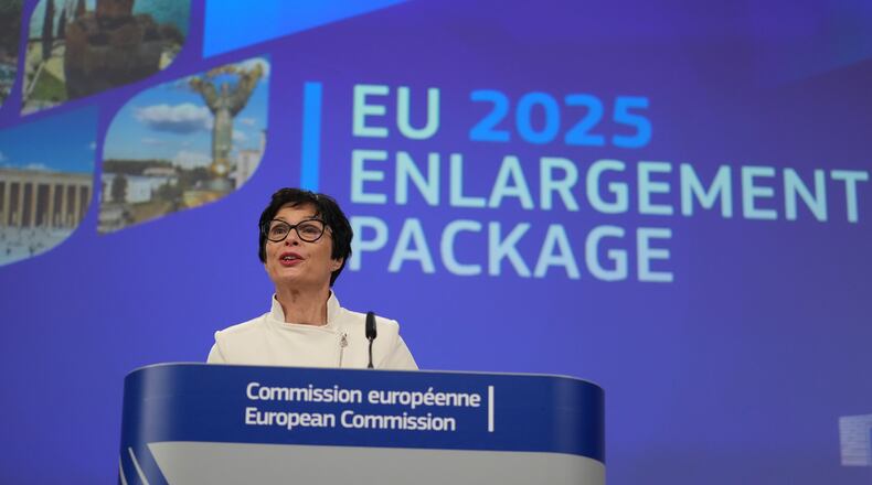 European Commissioner for Enlargement Marta Kos addresses a media conference at EU headquarters in Brussels, Belgium, Tuesday, Nov. 4, 2025. (AP Photo/Virginia Mayo)