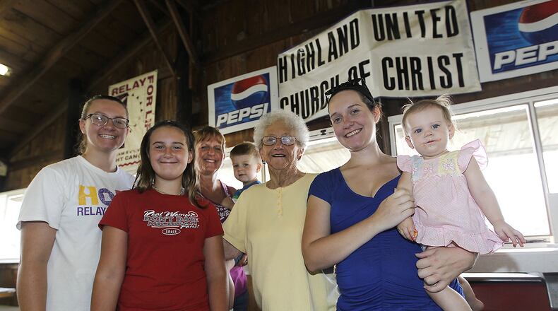 Betty Mougey, center, poses with her daughters, granddaughters and great grandchildren in the Highland United Church of Christ cafeteria which she helped build 65 years ago. This is the last year the church will operate the caferteria. Posing with Betty are, from left, Lydia Vlcek, Alysha Vlcek, Tammy Vlcek, Wyatt Vlcek, Victoria Smitson and Lillie-Mae Smitson. Bill Lackey/Staff