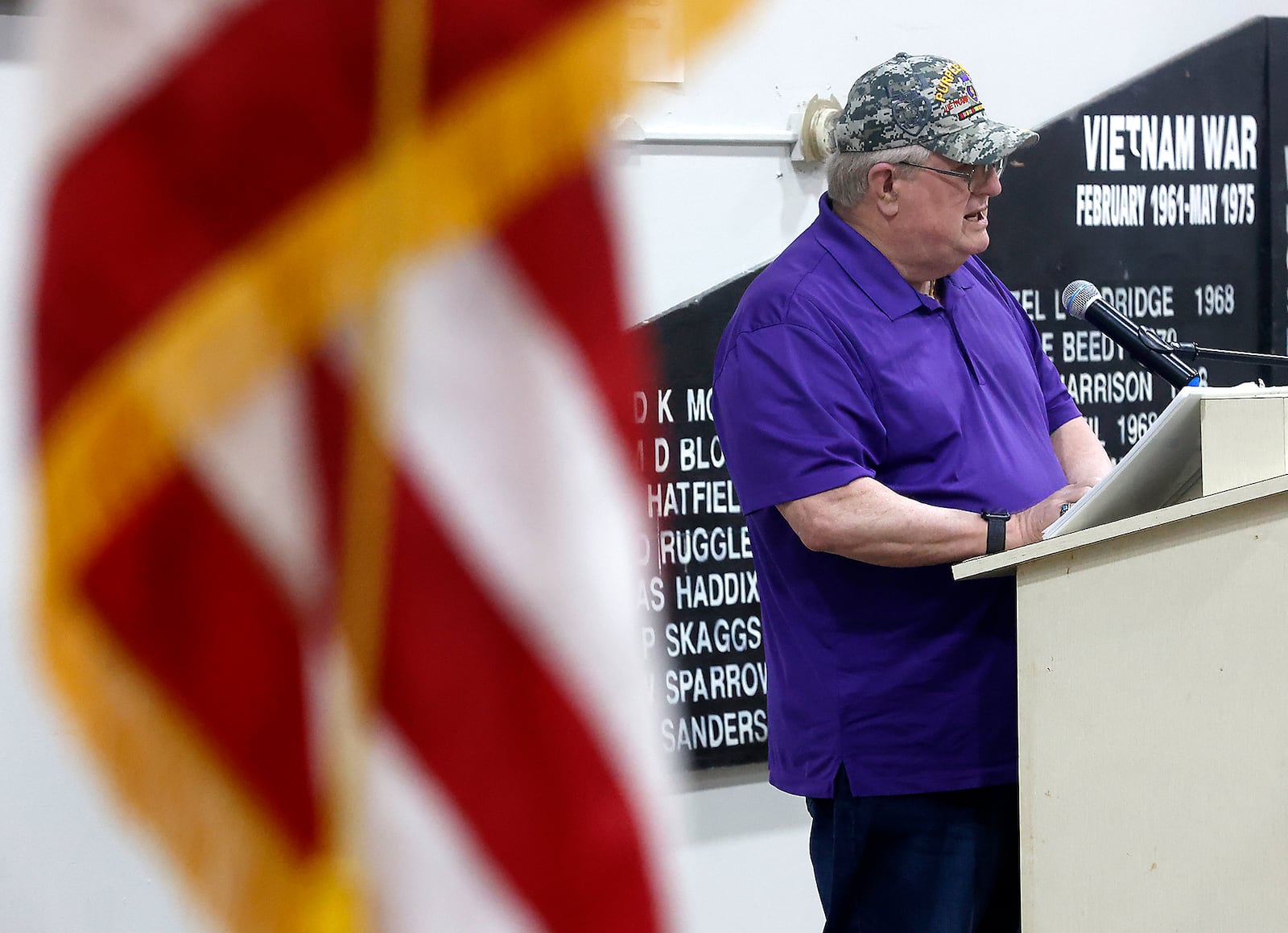 Randy Ark, a Vietnam Veteran and member of the Military Order of the Purple Heart, speaks during the Vietnam Veterans Day of Remembrance ceremony Saturday, March 25, 2023 at VFW Post 1031 in Springfield. BILL LACKEY/STAFF