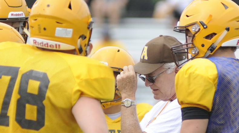 Alter’s Ed Domitz is in his 43rd season as a high school football head coach. Alter participated in a four-way scrimmage at Beavercreek on Sat., Aug. 11, 2018. MARC PENDLETON / STAFF