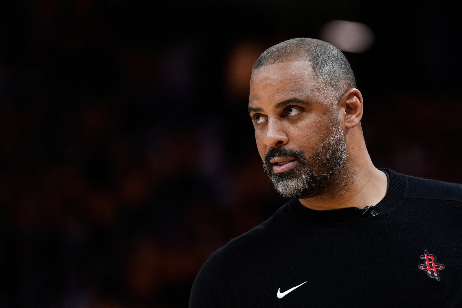Houston Rockets head coach Ime Udoka watches during the second half of Game 6 of an NBA basketball first-round playoff series against the Golden State Warriors, Friday, May 2, 2025, in San Francisco. (AP Photo/Godofredo A. Vásquez)