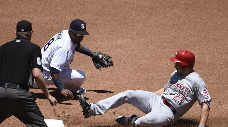 The Reds’ Adam Duvall slides into second base with a double ahead of the tag of the Padres’ Erick Aybar at PETCO Park on June 14, 2017 in San Diego, California. (Photo by Denis Poroy/Getty Images)