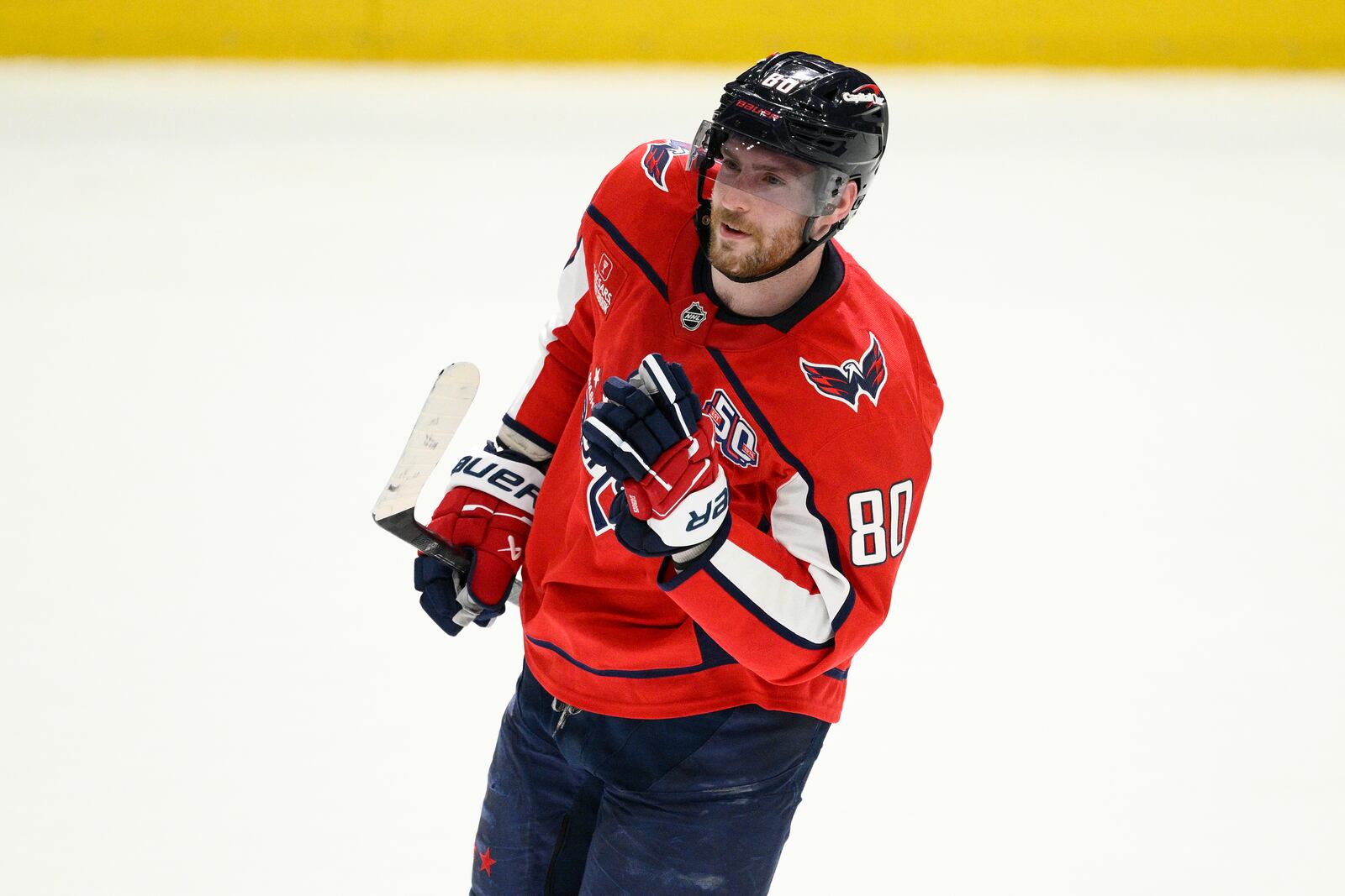 Washington Capitals left wing Pierre-Luc Dubois celebrates after his goal during a shootout of an NHL hockey game against the Carolina Hurricanes, Thursday, April 10, 2025, in Washington. (AP Photo/Nick Wass)
