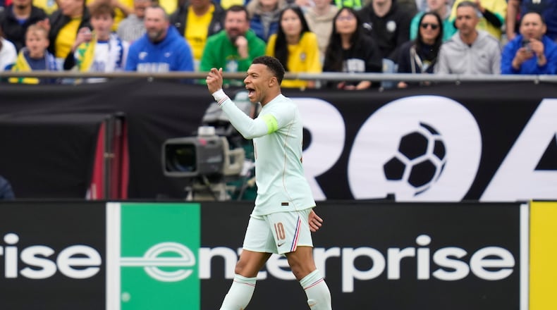 Kylian Mbappe of France gestures during the international friendly soccer match between Brazil and France in Foxborough, Mass, Thursday, March 26, 2026. (AP Photo/Charles Krupa)