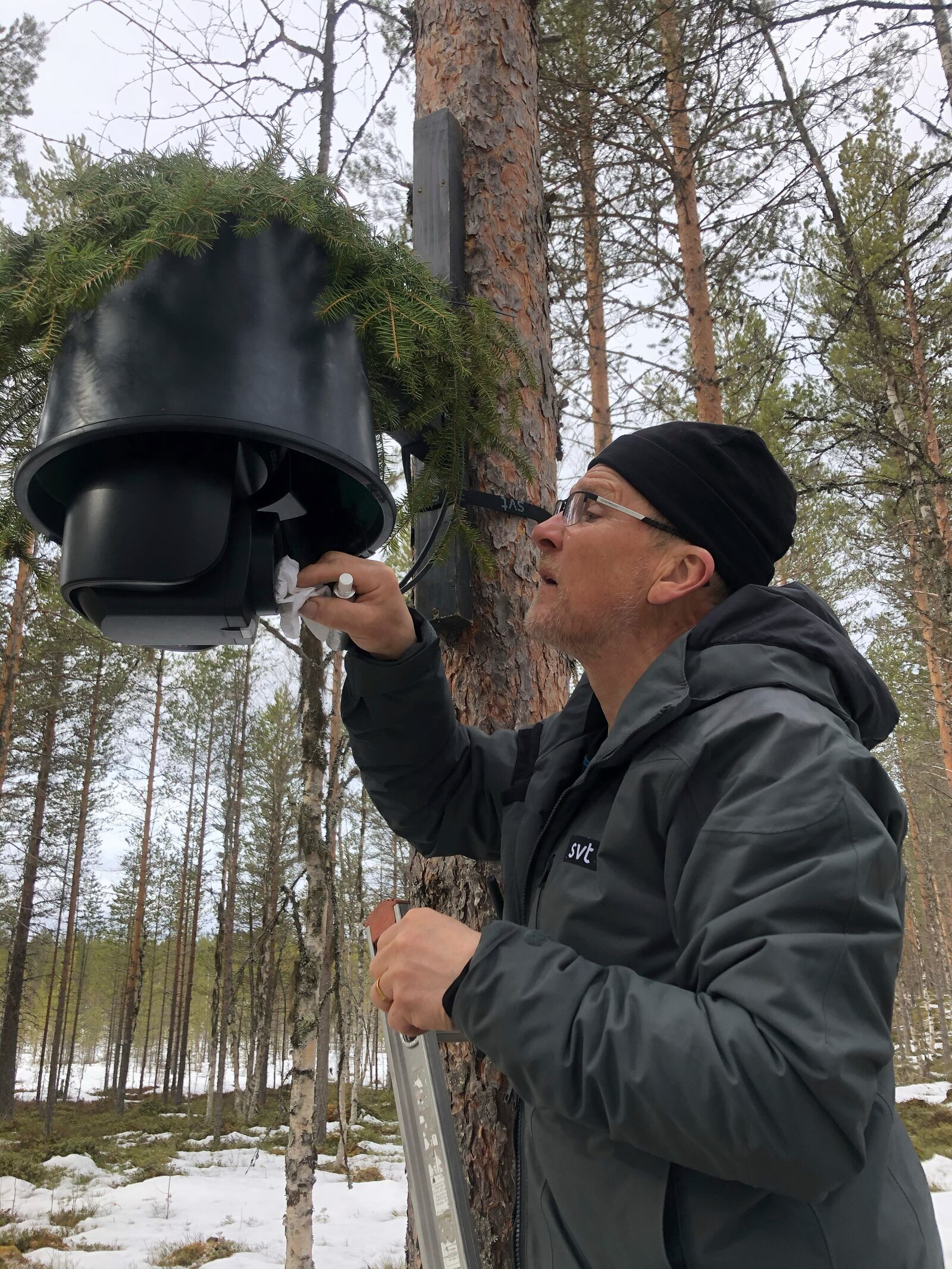 This undated photo, issued by SVT, shows preparations in Junsele, Sweden for the livestream 'The Great Moose Migration' to document the annual Moose migration near Kullberg in northern Sweden. (SVT via AP)