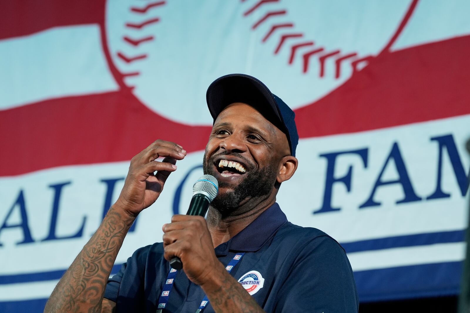Baseball Hall of Fame inductee CC Sabathia speaks to reporters during a news conference in Cooperstown, N.Y., Saturday, July 26, 2025. (AP Photo/Seth Wenig)