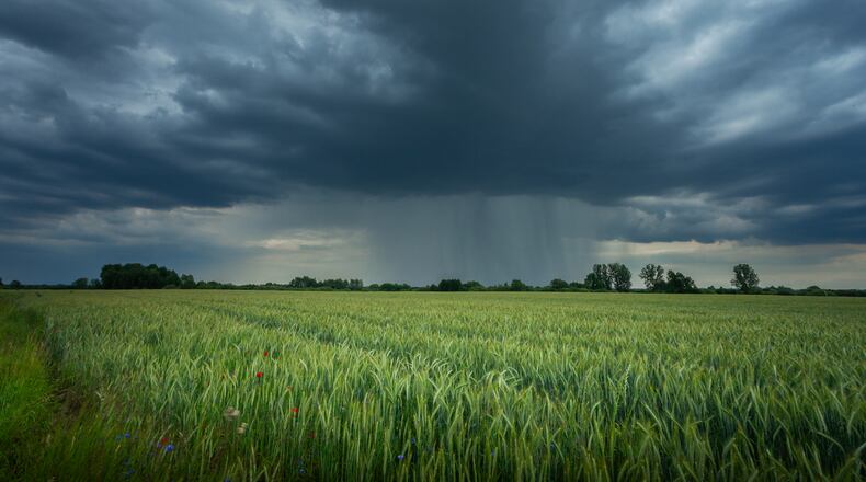 Pictured is a dark rain cloud over a green field. ISTOCK/DARIUSZ BANASZUK