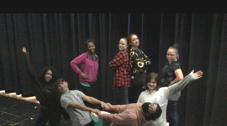 Eight Springfield High School drama students will attempt to perform 30 two-minute plays in 60 minutes in its production of "Too Much Light Makes the Baby Go Blind! (30 plays in 60 minutes)" from Thursday through Saturday at the John Legend Theater. The cast includes in front Liz Brunner, Kamden Kirchner, Tim Compston and Ash Coberly, and in back, Kay McConnell, Chelsea Tucker, Emma Bellew and Mary Tucker. Contributed photo