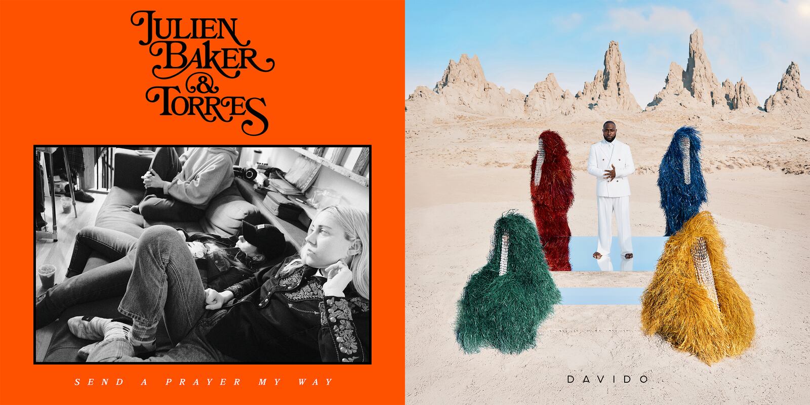This combination of photos shows album art for “Send a Prayer My Way” by Julien Baker and Torres, left, and "5ive" by Davido. (Matador via AP, left, and Sony via AP)