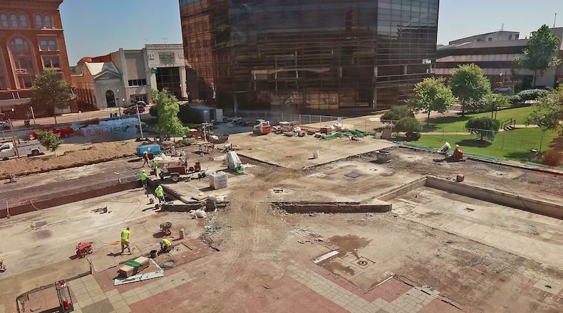 The Springfield City Hall Plaza is nearly unrecognizable as work continues on the renovation of the plaza Monday, July 10, 2023. BILL LACKEY/STAFF