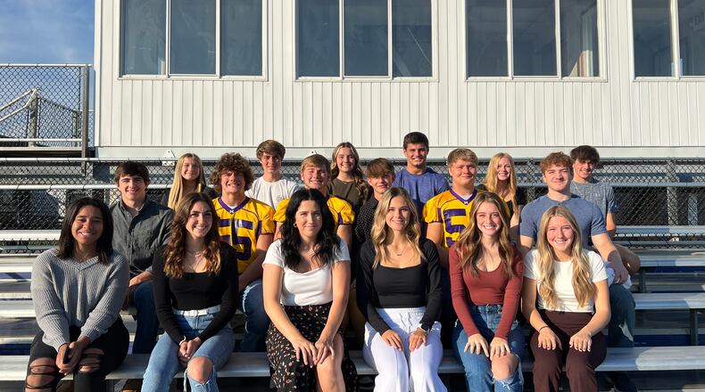 Mechanicsburg High School Homecoming Court (from left to right, front to back):
Senior girls: Kara Bebout, Emma Rodgers, Sarah Beattie, Peyton Groves, Anna Mascadri and Alessa Fraley.
Senior boys: Brayden Brown, Levi Milledge, Charlie Bradford, Brennin Eyink, Cody Haynes and Parker Cook.
Freshmen: Violet Eck and Denver Caudill
Sophomores: Avaley Bostick and Ronnie Thomas.
Juniors: Addie DeLong and Prestyn Griffith.