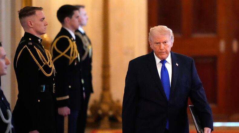 President Donald Trump arrives for an event to proclaim "Angel Family Day" in the East Room of the White House, Monday, Feb. 23, 2026, in Washington. (AP Photo/Alex Brandon)
