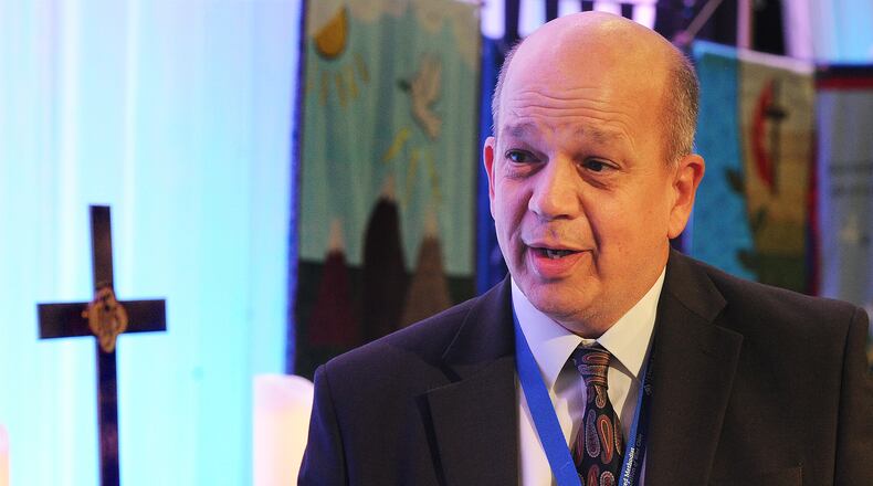 United Methodist Church Miami Valley District Superintendent Jim Wilson discusses the split in the church and other issues facing Dayton-area Methodists on Friday, June 2, 2023. MARSHALL GORBY/STAFF