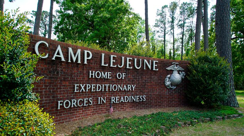 The main gate to Camp Lejeune Marine Base outside Jacksonville, N.C., is shown on Friday, April 29, 2022. (AP Photo/Allen G. Breed)