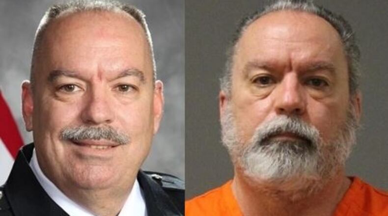 Retired Beavercreek police officer Kevin A. Kovacs, left, shown in his police uniform, and right, shown in his orange Shelby County Jail jumpsuit following his April 2020 arrest in a federal child pornography case.